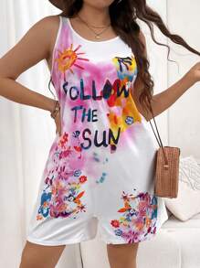 Flirla 大碼夏季花卉和字母印花連身褲，無袖上衣設計 - 彩色 - 查看 1
