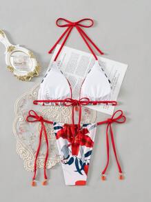 SHEIN Swim Women's Summer Beach Floral Print Halter Strap Sexy Bikini Set