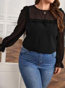 SHEIN Frenchy Plus Size Swiss Polka Dot Patchwork Sheer Shirt With Frill Hem