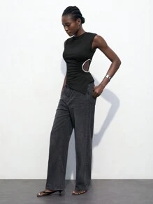 Maija 2025 Spring/Summer & Early Autumn 4th Of July/Graduation Women Black Chain Decor Cutout Waist Asymmetric Hem T-Shirt, Side Hollow & Pleated Details - Black - View 3