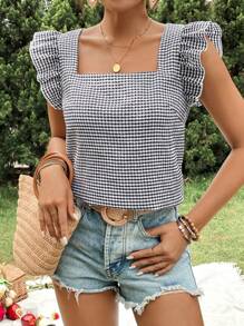 SHEIN VCAY Camisa de cuadros con mangas de gorra, escote cuadrado, ajuste regular para mujer, ideal para vacaciones
