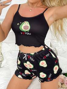 Women's Avocado Printed Summer Tank Top And Shorts Pajama Set - Black - View 4