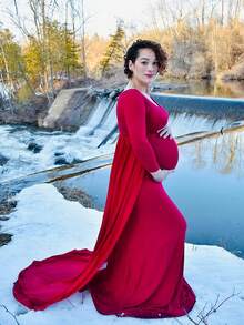 JustVH Maternity Long Sleeve Floor-Length Mesh Dress, Suitable For Baby Photoshoot And Baby Shower Spring - Burgundy - View 7