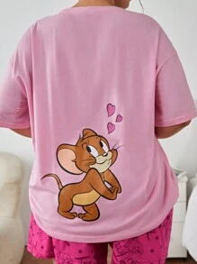 TOM & JERRY X SHEIN 大尺碼休閒可愛寬鬆針織卡通印花粉色 Tee 和短褲睡衣組合 - 粉色 - 查看 2