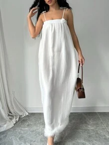 Chiquease Đầm không tay màu trơn thời trang mùa hè có trang trí hoa 3D và điểm nhấn lông vũ - trắng - Xem 4