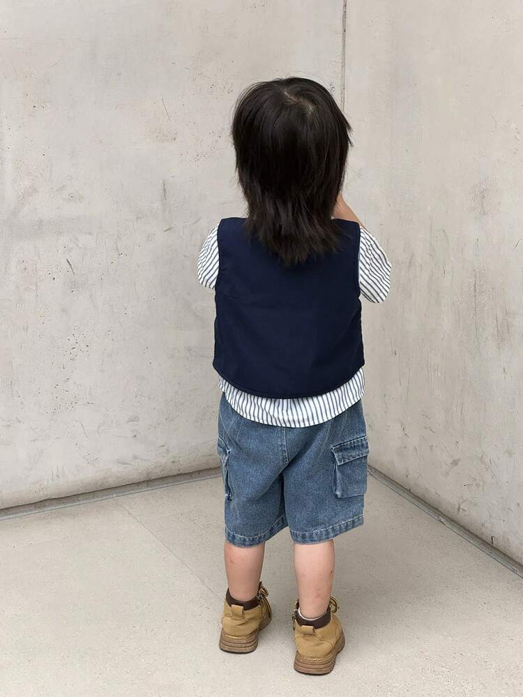 3pcs Korean Style Baby Vest With Striped Shirt And Fashionable Denim Shorts With Work-Wear Style, Street Style