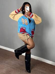 Slaydiva Chaqueta de béisbol suelta y casual de talla grande, diseño de color block con bolsillos y número 98, chaqueta de punto de mujer para otoño/invierno