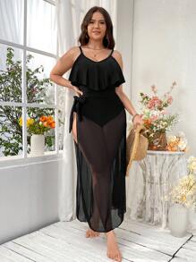 SHEIN Swim Curve Plus Size Women's Fashionable Summer  Mesh One-Piece Swimsuit With Ruffled Neckline - Black - View 3