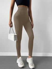 EURMUSE Solid Wideband Waist Leggings - Camel - View 5