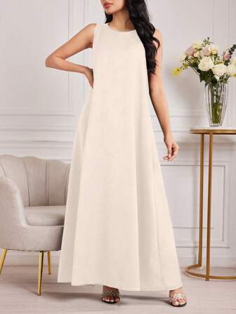 Al Najma Kvinnors solid färg rund hals ärmlös lös passform arabisk stil klänning