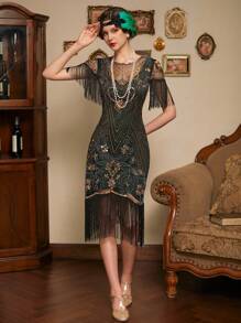 LVNES 1920s Dark Green Sequin Decor Fringe Hem Party Dress Wedding Guest Cocktail Dress - Multicolor - View 4