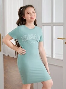 SHEIN Tween Girl Extended Size Casual Crewneck Pullover Short Sleeve T-Shirt Dress With Cinched Waist And Letter Print - Green - View 6