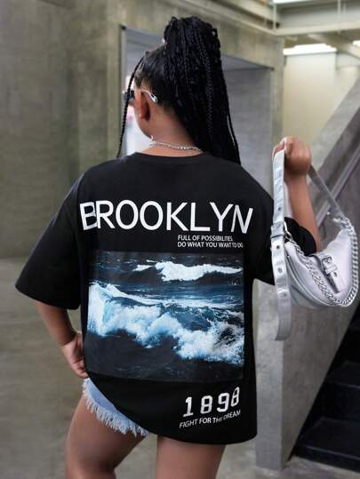 SHEIN Tween Girls Extended Size Casual Loose Knitted Short Sleeve Top For Spring/Summer