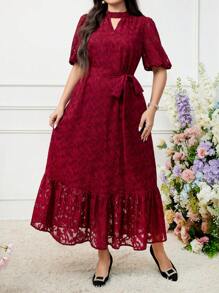 Modelyn Burgundy Red Plus Size Elegant Cutout Flower Puff Sleeve Dress - Burgundy - View 3
