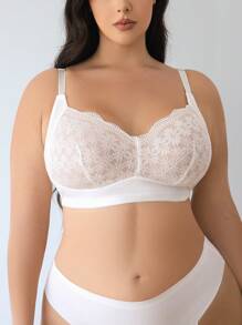Plus Size Contrast Lace Wireless Bra, 1pc, Lingerie - White - View 1
