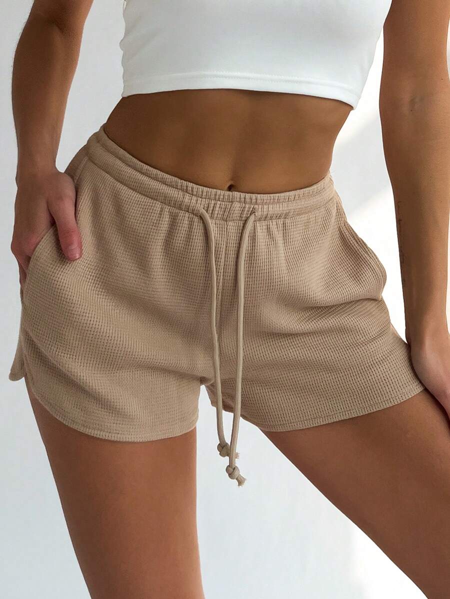 SHEIN EZwear 女款純色束腰休閒夏季短褲 - 卡其色 - 查看 1