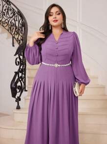 Modelyn 大尺碼簡約優雅圓燈籠袖褶皺連衣裙 - 紫色 - 查看 3