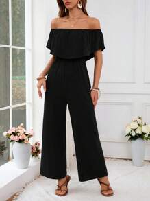 SHEIN VCAY Solid Color Open Shoulder Knitted Jumpsuit For Vacation - Black - View 4
