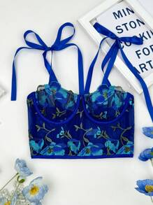 SHEIN 女士随机刺绣系带文胸内衣 - 寶藍色 - 查看 5
