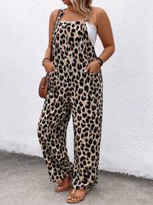 EMERY ROSE Plus Size Leopard Print Fashion Jumpsuit With Pockets For Casual Wear - Coffee Brown - View 3