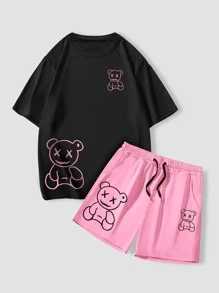 Manfinity LEGND Conjunto de camiseta de manga corta con cuello redondo y pantalones cortos con cintura con cordón para hombres con estampado de oso animado, para el verano