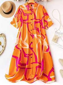 SHEIN Holidaya Hơn In Đồ họa Nút phía trước Váy sơ mi - trái cam - Xem 1