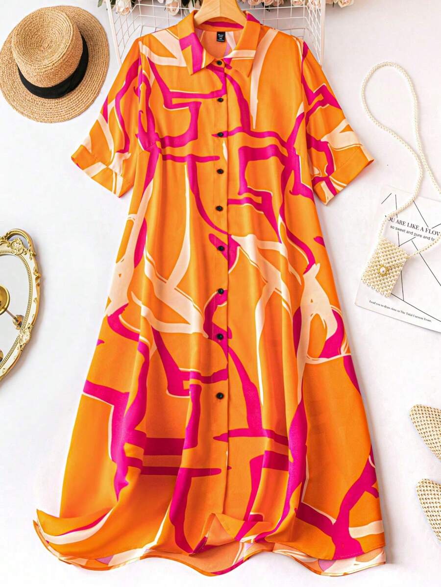 SHEIN Holidaya Hơn In Đồ họa Nút phía trước Váy sơ mi - trái cam - Xem 1