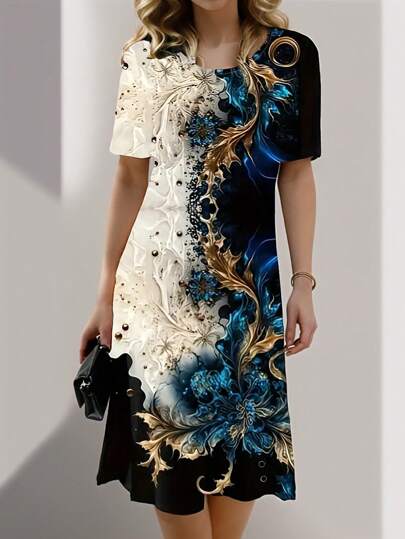 EMERY ROSE 女士夏季短袖草本印花圓領休閒連衣裙