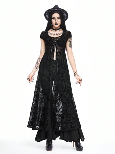 Women's Vintage Goth Style Flocked Embossed Dress With Ivy Pattern