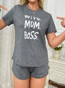 女性字母印花圓領短袖T恤和短褲家居服套裝 - 彩色 - 查看 3