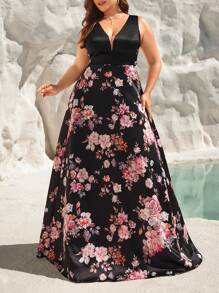 SHEIN Belle Plus Size Black Floral Deep V-Neck Big Swing Elegant Evening Dress With Side Slit, Perfect For Holiday Or Formal Occasions Prom Wedding Guest Gown, For Graduation, Dinner Party Dress - Multicolor - View 4
