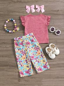 SHEIN Maglietta estiva con maniche corte con motivo floreale per bambina con pantaloni lunghi con cintura, vestito da vacanza estivo