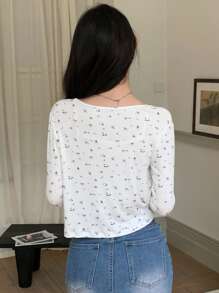 DAZY Women's Spring/Summer Floral Printed Long Sleeve Single-Breasted T-Shirt And Vest Set,Fall Clothes - White - View 5