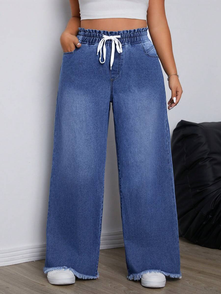 SHEIN ICON Plus Size Solid Color Drawstring Boyfriend Jeans With Pockets, Wide Leg And Straight Cut