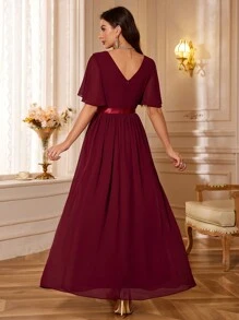SHEIN Belle Vestido de fiesta elegante de gasa de color rojo borgoña para mujer - Burdeos - Ver 2