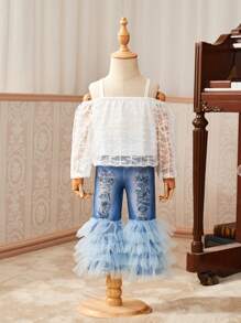 SHEIN Baby Girl Fashionable Textured Bowknot Tank Top And Multi-Layer Mesh Flare Pants Set, Suitable For Outings In Spring And Summer