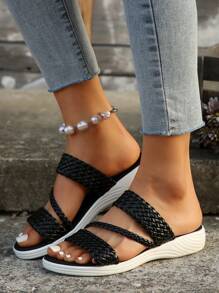 Dép nữ dệt phẳng ngoài trời thông thường Dép nhẹ mùa hè chống trượt thoải mái - màu đen - Xem 5