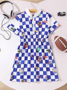 SHEIN Vestido informal para niña con estampado de cuadros y dibujo de caricaturas con cuello alto, estilo deportivo - Multicolor - Ver 1
