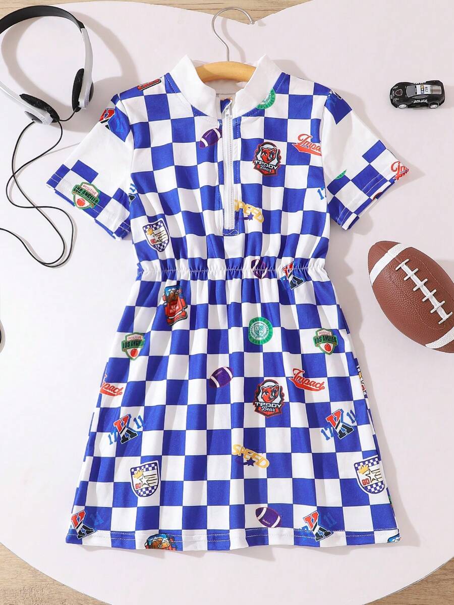 SHEIN Vestido informal para niña con estampado de cuadros y dibujo de caricaturas con cuello alto, estilo deportivo - Multicolor - Ver 1