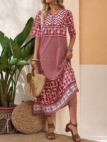 EMERY ROSE Đồ họa trừu tượng Váy mùa hè màu đỏ giản dị dành cho nữ để mặc hàng ngày - Đỏ - Xem 6