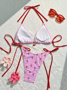 Bellisia Women's Summer Beach Cherry Printed Halter Neck Tie Sexy Bikini Set