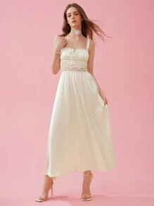 Enchnt Women's Summer Lace Patchwork Casual Spaghetti Strap Dress - Apricot - View 4