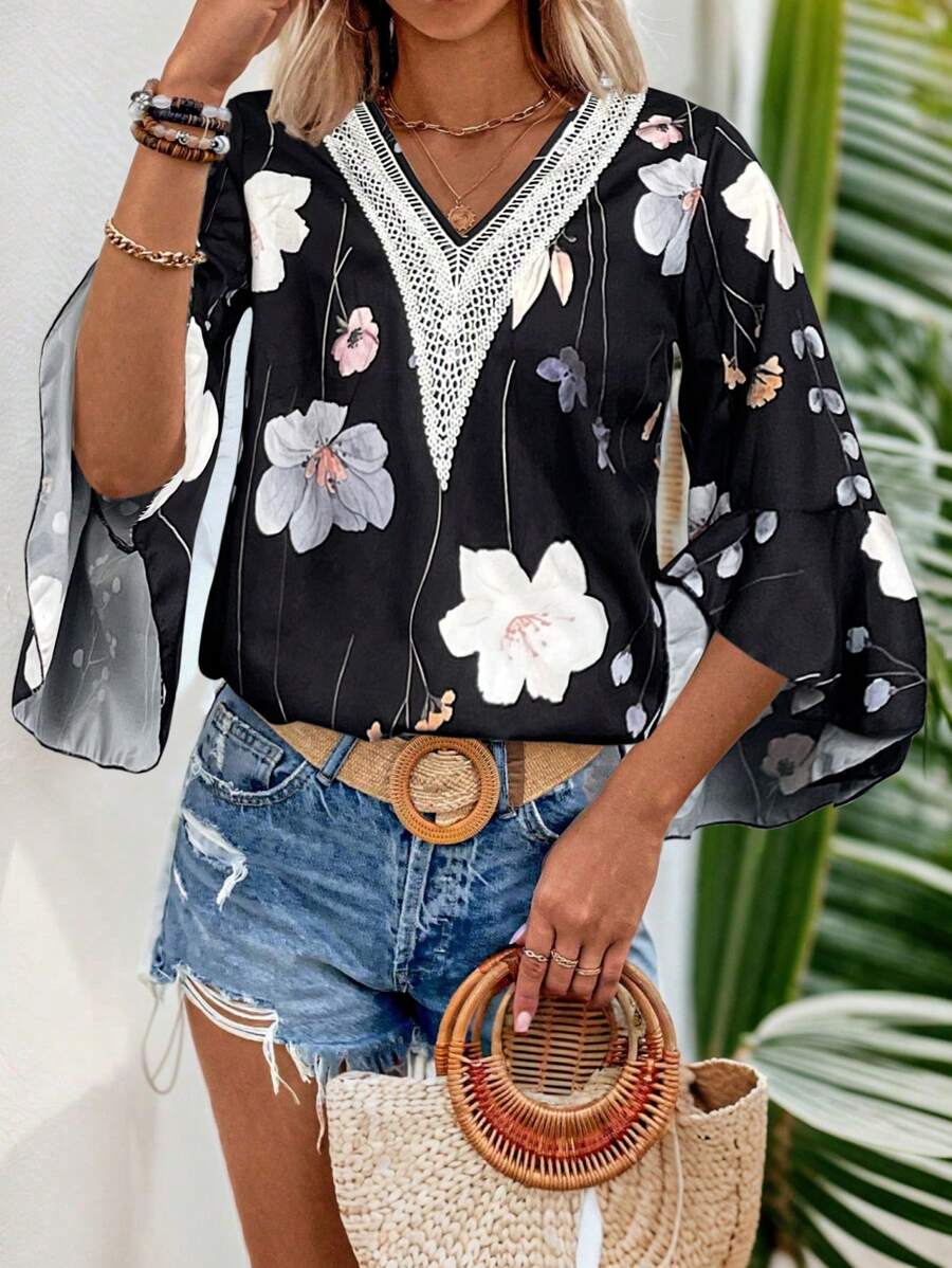 SHEIN LUNE 女士花卉印花簡約日常3/4袖休閒襯衫 - 黑色 - 查看 1