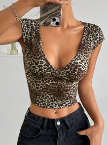 SHEIN EZwear 女士夏季豹紋印花深V領短袖修身T恤