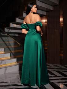 SHEIN Belle 優雅緞面魚骨款泡泡袖露背高腰開叉長禮服連衣裙，適用於女士舞會晚禮服 - 墨綠色 - 查看 2