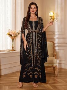 Women's Elegant Sequin Long Sleeve 2 In 1 Dress Spring Black - Black - View 1