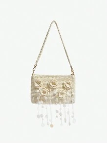 SHEIN SXY Fashionable Elegant Shell Pieces Fringe Crochet Hobo Bag Woven Bag For Women, Great For Beach, Vacation, Holiday And Summer Time - Beige - View 3