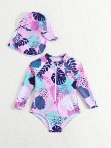 Modischer Einteiler Badeanzug mit zufälligem Muster und Hut Set für Baby Mädchen