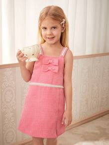 SHEIN Young Girl Commuter Casual Pink A-Line Dress With Two Handmade Bows On Chest, Waist Belt, Shoulder Strap, Faux Pearl Embellishment, Slit Hem, And Waist Cinched, Summer