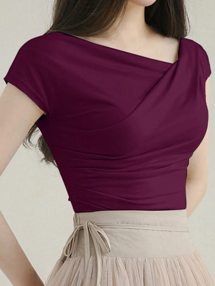 Women's Summer Plain Asymmetric Collar Short Sleeve Slim Fit T-Shirt With Pleats